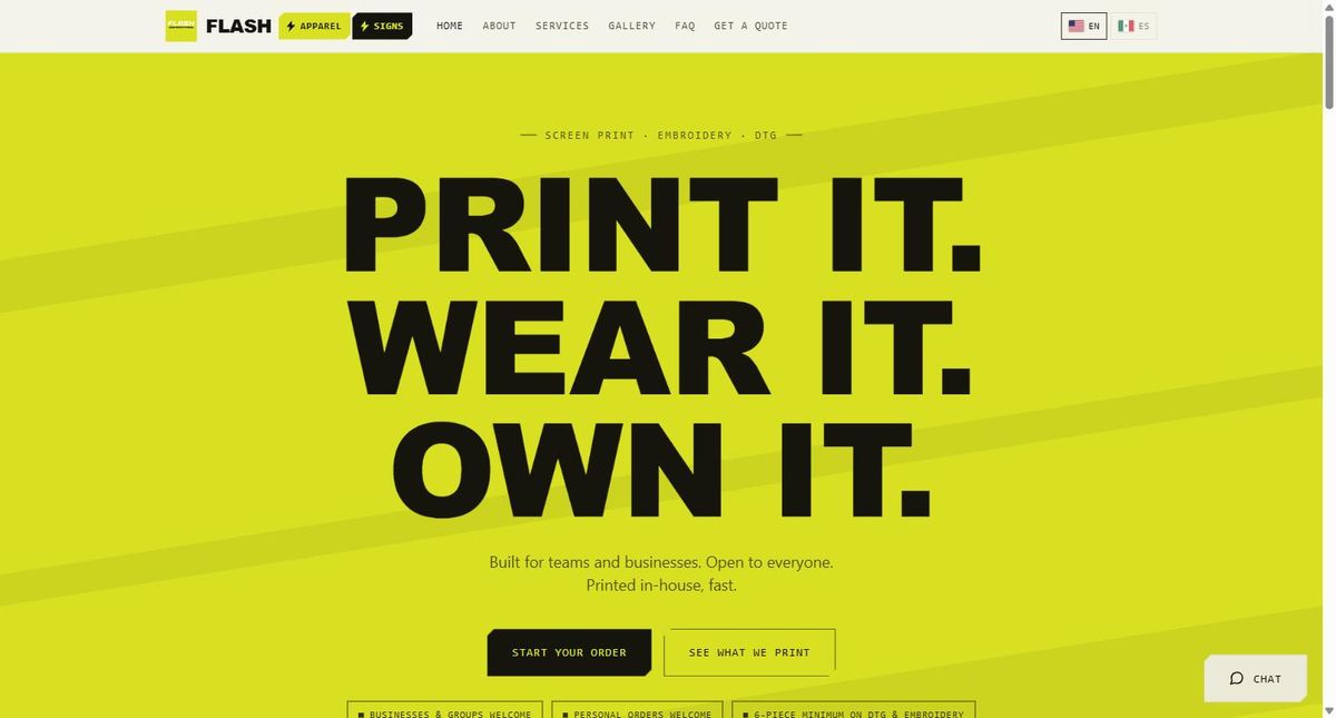 Flash Custom Apparel marketing site: bold lime hero reading Print it. Wear it. Own it.